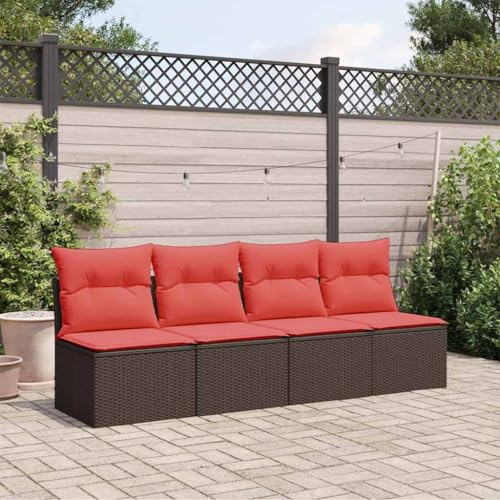 QJBSAVVA Gartensofa 4-Sitzer Poly-Rattan Braun 220x62x69 cm Outdoor Lounge mit Roten waschbaren Kissen platzsparendes Balkonmöbel modular für Garten Terrasse und kleinen Balkon