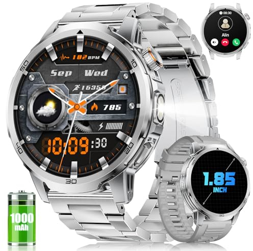 Smartwatch Herren-1000 mAh/1,85 HD, Telefonfunktion/Schlafmonitor, Silber | Militär Smart Watch, LED Licht/120+Sportmodi, 24/7 Herzfrequenz Schrittzähler, IP68 Wasserdicht, für Android iOS