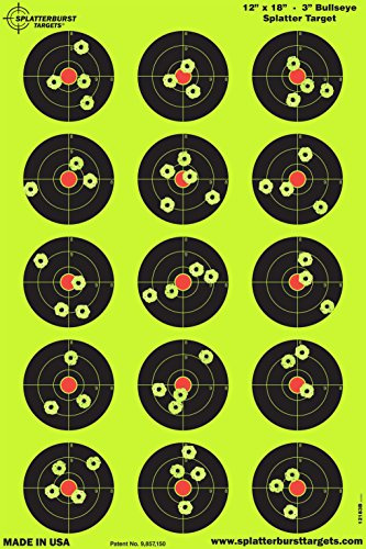 Splatterburst Targets - 12 x18 inch - 3 inch Bullseye Splatter Target - Easily See Your Shots Burst Bright Fluorescent Yellow Upon Impact - Made in The USA (50 Pack)