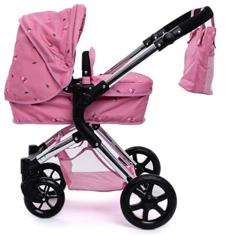 Roma Single Baby Toy Stroller with Lightweight Frame, 2-in-1 Baby Doll Accessories, Adjustable Handle, Carry Cot to Seat Unit, for Ages 3-9, Includes Shopping Basket (Darcie Pink)