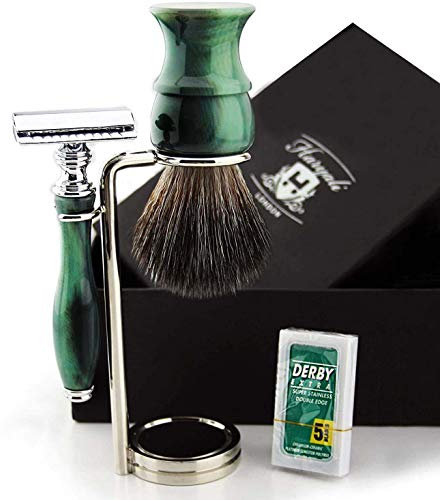 Sonderedition Traditionelle Nass Rasier Set Synthetik Schwarz Dachs Pinsel Doppel Rasierhobel + Edelstahl Dual Stand - Special Collection!