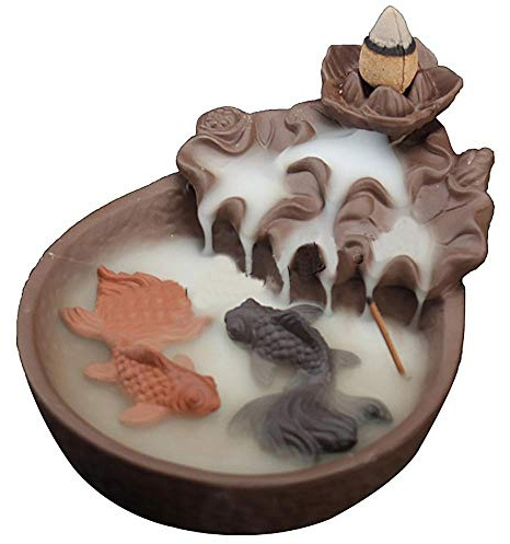 Two Fishes Ceramic Backflow Incense Burner - Purple Clay Smoke Cone & Stick Holder + 20 Cones, 30 Sticks, Tweezer, Mat