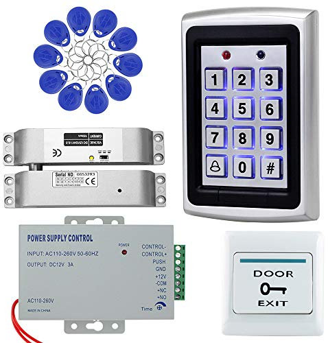 OBO HANDS Komplettes Zugangskontrollsystem Kit Set Metall 1000 Benutzer Tastatur + DC 12V Elektrisches Drop Lock + 12V 3A Netzteil + Türausgangsknopf + 10 Stück RFID Blau 125KHz Schlüsselanhänger