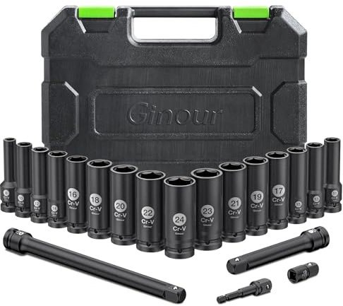 Jeu de douilles à choc 20 pièces, CR-V 8-24mm Ginour Coffret de douilles 1/2 16 pièces 6 Pans avec rallonge 3, 5,10-inch et adaptateur 3/8 à 1/2
