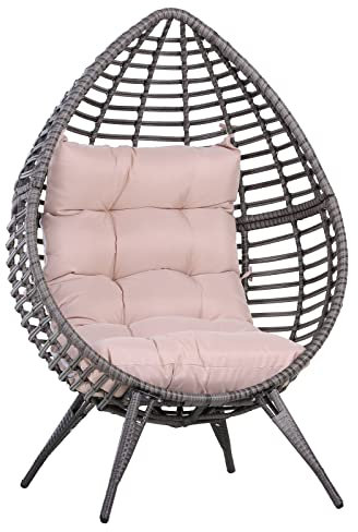 Outsunny Rattansessel in Tropfenform, Gartensessel mit Sitzkissen, Erhöhter Rattanstuhl, Stahl, Grau, 101 x 89 x 156 cm