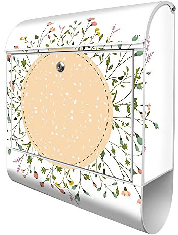 banjado Design Briefkasten mit WT Blumenkranz 38,5x46,5x13cm & 2 Schlüssel - Briefkasten Stahl weiß mit Zeitungsfach pulverbeschichtet - Postkasten A4 Einwurf inkl. Montagematerial
