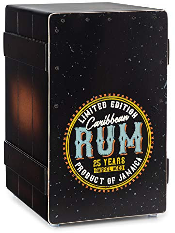 XDrum Design Series Cajon “Rum” - Designer-Cajon mit Vintage-Aufdruck - Integrierter Bass Port - Korpus aus HPL in Bananenkisten-Optik - Fest installierter Snare-Teppich