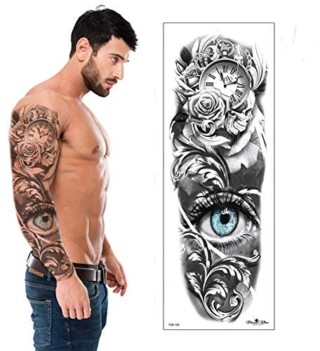 Eye on Time Temporary Tattoo Sleeve - Clock Blue Eye Full Arm Black Waterproof Transfer for Men Women Kids Fancy Dress Fake Tattoo