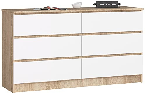AKORD Kommode K-140 mit 6 (2 x 3) Schubladen | für das Wohnzimmer Schlafzimmer Schrank Büro Arbeitszimmer | Modernes Funktionales Design | B138 x H77 x T40 cm, Gewicht 51kg | Sonoma Eiche/Weiß