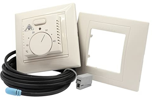 WITTKOWARE ST-AR16/SL (JL1819) Fussbodenheizung-Thermostat mit Drehregler und Schalter, für UP Doseneinbau, komplett mit Bodenfühler, manuell, 16A/230V~, cremeweiß, mit Zusatzrahmen 90x80mm