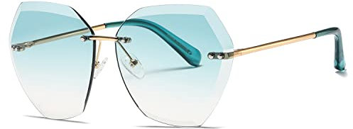 kimorn Sonnenbrillen für Frauen Übergroße randlose Diamant-Schneidlinse Klassisch Eyewear AE0534 (Gold/Farbverlauf Pfauengrün, 65)
