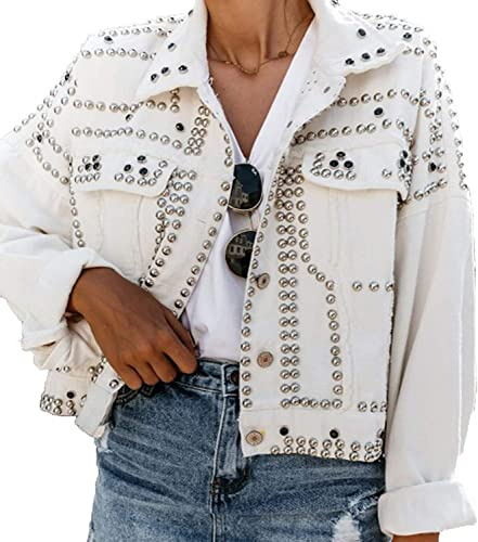 oytto Jeansjacke Damen Punk Nieten Cool Nieten Motorradjacke Mode Outwear, weiß, 38