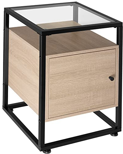 tectake® Nachttisch mit Glasplatte, 40 x 43 x 60,5 cm, Beistelltisch mit Tür, Zimmer Deko Wohnzimmer, Deko Schlafzimmer Möbel, Blumenständer, Nachtschrank - Industrial Holz hell, Eiche Sonoma | Betttisch, Glasplatte, platzsparender Schrank für Bücher, Wecker, Lampe, Blumen, helles Industrieholz