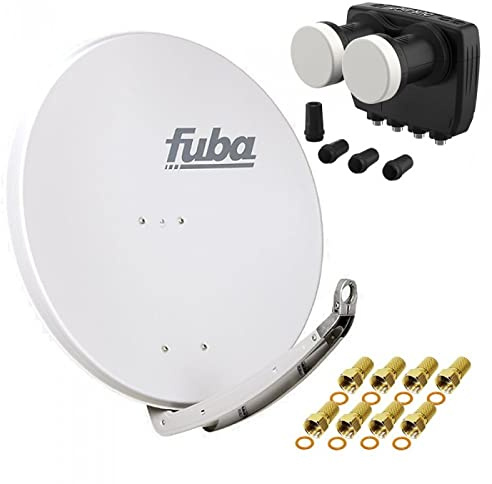 Digital Sat Anlage 2 Satelliten Astra/Hotbird - 4 Teilnehmer | Fuba DAA850G Sat Schüssel 85cm hellgrau + DUR-line MB6-QS Monoblock Quad LNB 6° (DVB-S2, HDTV, 4K/8K, 3D) + 8xF-Stecker vergoldet