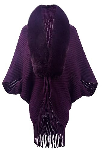 Schal Wraps Poncho Cape für Frauen Open Front Cardigans Schlichte Weiche Elegante Strickschals Warmer Leichter Mantel Pelzkragen Fransen Pullover Mantel Elegante Decke Wrap Cape Lila