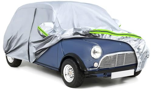 Waterproof Car Cover Compatible with Austin Mini Saloon 1959-2000, All Weather Outdoor Indoor Car Full Cover Sun Rain UV Dust Protection with Zipper Door and Windproof Strap for All Seasons (Silver)