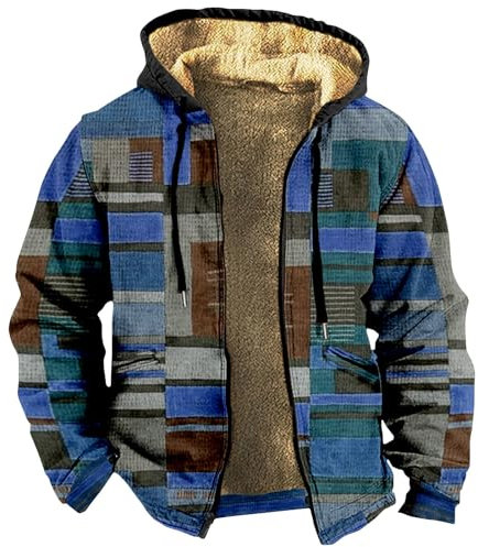 Herren Puffer Jacke Mit Kapuze - Kariertes Druck Vintage Winterjacke Warme Sweatjacke Dicken Fleece Softshelljacke Für Männer Herbst (Blau, L)
