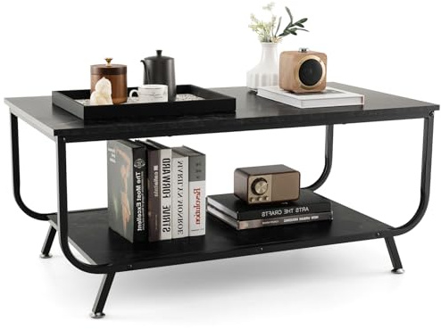 GOPLUS 2-stufiger Couchtisch Marmor Optik, Kaffeetisch mit Metallgestell, Rechteckiger Sofatisch Wohnzimmertisch für Büro & Wohnzimmer, 105 x 55 x 46,5 cm (Schwarz)