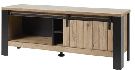 CLODIUS - Meuble TV 1 Porte Coulissante 2 Niches Métal et Aspect Bois