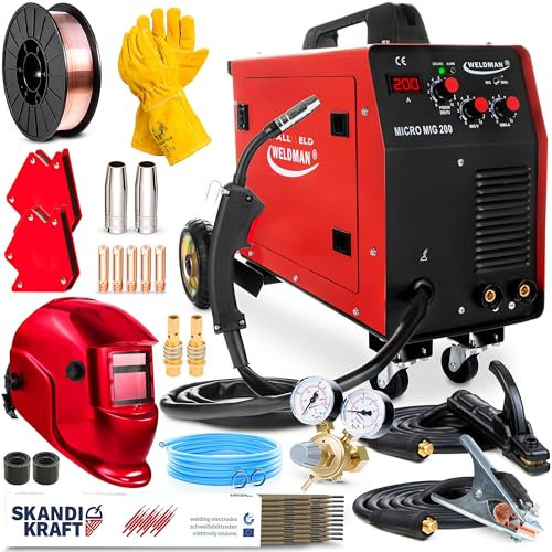 Weldman Micro MIG 200 - Saldatrice a Filo Continuo con Gas da 200A - Saldatura: MIG/MAG, MMA, Flux - Saldatrice Multiprocesso con Telaio - Tecnologia IGBT - Set Premium