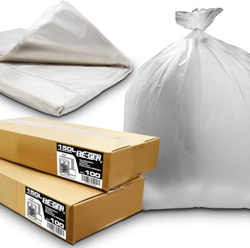 RE-GEN 200er-Pack | 2 komplette, flach verpackte Kartons | 150 l, 20 kg belastbar, robuste Premium-Klarsicht-Verdichtungssäcke, Müllbeutel, Müllbeutel, Fabrik- und Gewerbegebrauch, industrielle Stärke