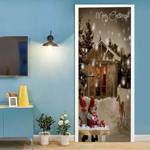 3D Türfolie Selbstklebend Blume Türtapete Selbstklebend Wasserdicht Pvc Wandaufkleber Türposter Fototapete Weihnachts-Blockhaus-Elch 80 X 200 Cm Türaufkleber Wandbild Für Tür Wohnzimmer Schla -7X3G6M3