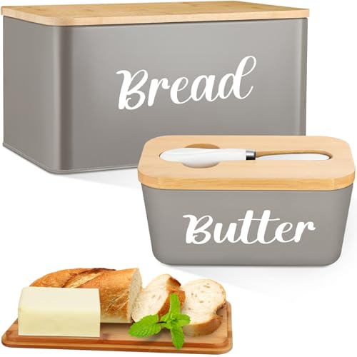Hushee 2 cajas de pan y mantequillera con tapa de tabla de cortar de bambú, contenedor grande de metal para almacenamiento de pan para cocina, granja, soporte hermético de cerámica con cuchillo de