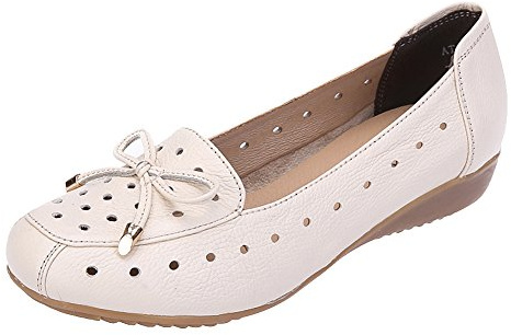 Jamron Kvinnor Äkta Läder Komfort Skor Mjuk Sula Ballerinor Låg Kilklack Tofflor Ihålig Beige SN020628-2 EU40.5