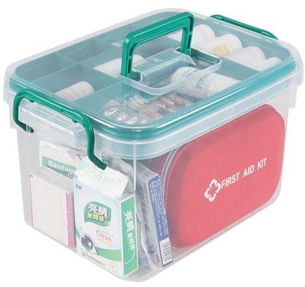 Waikhomes Plastic First Aid Box, Medicine Storage Box with Insert, Protable Handle Household Medicine Container Box, Transparent