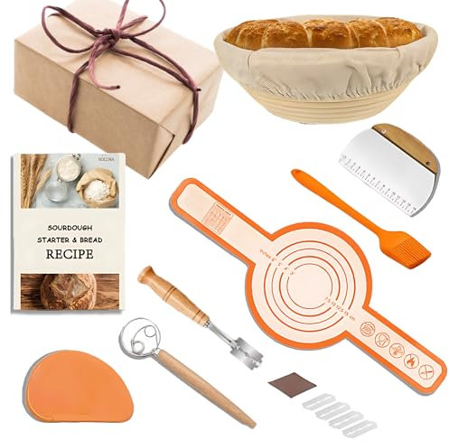 SoLuna.® Sourdough Starter Kit for Bread Making with Banneton Proofing Basket 23cm Round, Handmade, Eco-friendly, Indonesian Rattan - Sourdough Starter Supplies Kits, Bread Baking Accessories (Orange)