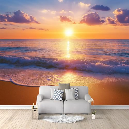 Papier Peint Panoramique Paysage De Plage Au Coucher Du Soleil 300x210 cm Papier Peint Intissé Mural, Poster Geant Mural Impression 3D, pour Salon Chambre d'enfants restaurant Décoration Murale
