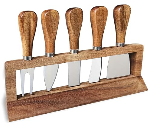 Linwnil 5-Piece Wood Cheese Knife Set with Wood Knife Block for Charcuterie Board,Charcuterie Boards Accessories Charcuterie Utensils Tools (DJ-2)