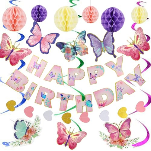 GENHH Geburtstagsdeko Set 3 Stück, Alles Gute zum Geburtstag Banner, mit 18 pcs Schmetterlinge Hanging Swirl Luftschlangen und Honeycomb Bälle, für Geburtstagsparty-Dekorationen für Männer und Frauen