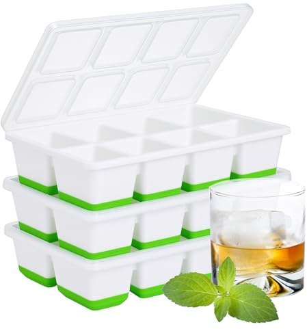 Silikon Eiswürfelformen mit Deckel – Große quadratische Whiskey-Eisformen für Cocktails, Old Fashioned & Smoothies – 3er-Pack BPA-freie Eiswürfelschalen mit leichtem Auslösen für Gefrierschrank(Grün)
