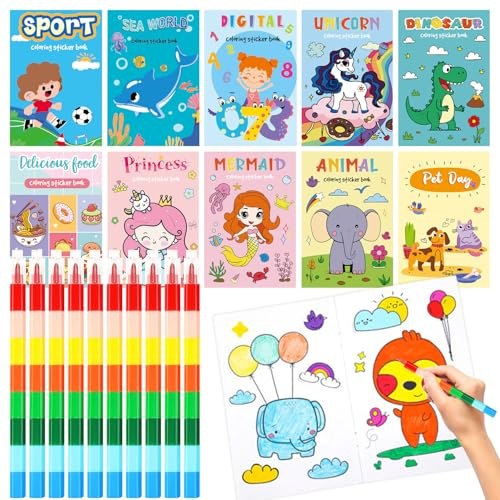 10 Mini Malbuch Kinder,Kleine Geschenke für Kinder,10 Wachsmalstifte Stapelbar (8 Farben in 1),Malbücher für Kid,Give Aways Kindergeburtstag,Buntstifte Set,Mitgebsel Kindergeburtstag Gastgeschenke