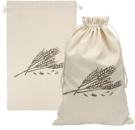 uxcell 2 Pack Reusable Bread Bags, 17.7 x 11.8 Linen Bread Storage for Homemade Sourdough Beeswax Food Drawstring Closure, Wheat Print