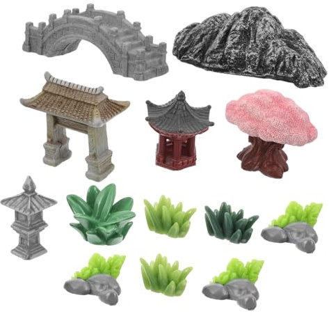 INOOMP Miniature Chinese Style Zen Garden Accessories DIY Craft Rockery Pagoda Lantern and Bridge Figurines for Fairy Gardens Terrariums Bonsai and Dollhouse Decor