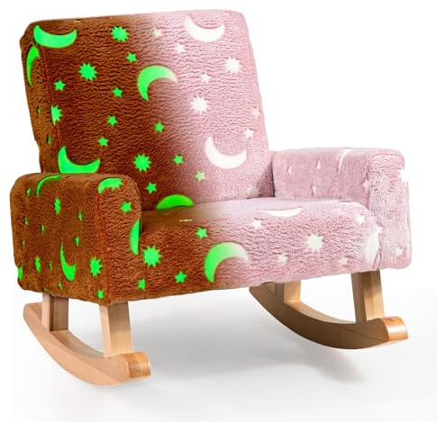 HONEY JOY Toddler Rocking Chair, Glow in The Dark, Kids Rocker w/Solid Wood Legs, Flannel Fabric, Anti-Tipping Design, Armchair, Toddler Couch for Kids Room, Playroom, Nursery, Bedroom (Pink)