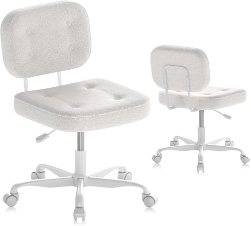 AnyGod skrivbordsstol utan armstöd, kompakt svängstol med hjul & höjdjusterbar, ergonomisk datorstol för små utrymmen & sminkbord, teddy tyg vit