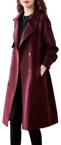 Generico Cappotto Lungo Da Donna con Spolverino Doppiopetto Slim Fit con Cintura Classico Ed Elegante Giacca Da Lavoro Antivento per Ufficio Primavera E Autunno Bordeaux Xl