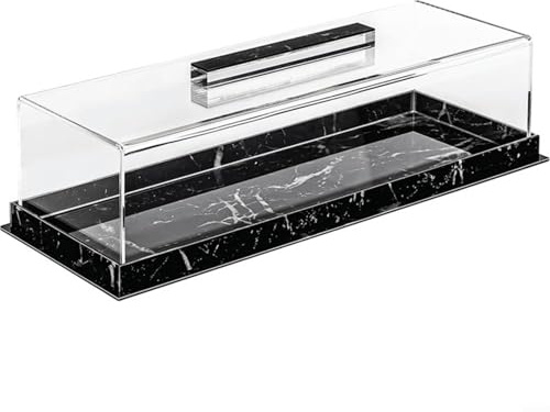 Bandeja rectangular de acrílico con tapa, base de patrón de mármol, almohadillas antideslizantes, cubierta transparente para pasteles, pan, cupcakes, pasteles, frutas, queso, para cumpleaños, bodas