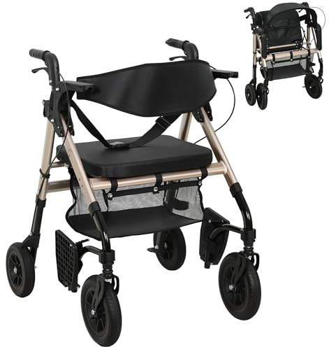 HOMCOM 2 in 1 Wheelchair Transport Chair & Folding Rollator Walker with Seat, Backrest, Footrest, Lightweight Walking Frame with Bag, Adjustable Handles, 4 Wheeled Walker for Seniors, Black