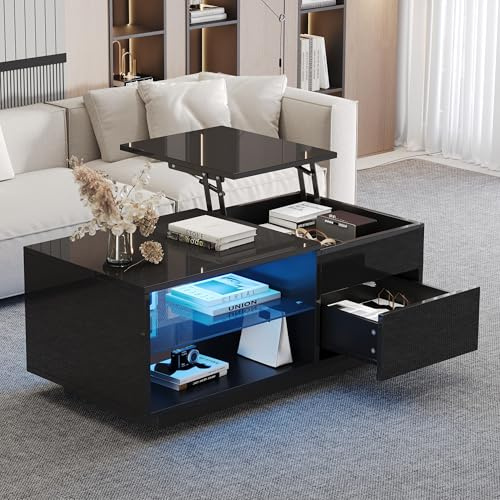 Merax Table Basse relevable LED,Table Basse Noire laquée 100×49×40 cm – Table de Salon Moderne Noir-Blanc à Hauteur réglable, éclairage RGB appli & Bluetooth