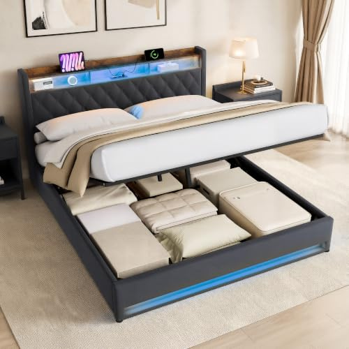 okwish Bett, Bettgestell, Doppelbett, Stauraumbett, 180x200 cm, LED-Beleuchtung, Ladestation, Bettkasten, Kopfteil mit Stauraum, Metallrahmen, Lattenrost aus Holz, Samt, Grau, ohne Matratze