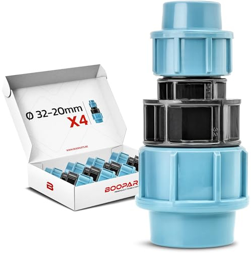 BOOPARTS – Manicotto Ridotto a Compressione Ø32-20 mm per Tubo PE | Raccordo in Polipropilene per Irrigazione e Giardino | Set da 4 Pezzi