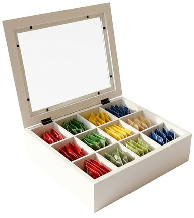 Relaxdays telåda i bambu med 12 fack, visningsfönster, förvaring, 9 x 28 x 23 cm, vit