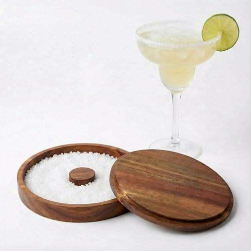 Ziliny 1 Pcs Margarita Salt Rimmer Set Glass Rimmer with Lid Home Bar Accessories Plate for Sugar Drinks Cocktails Bartender Tool Kit Party Restaurant, 5.9 Diameter (Acacia Wood)
