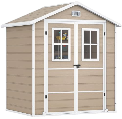 DWVO Gerätehaus Kunststoff 203x147x207 cm, Gartenschuppen mit Doppelwand & Fenstern, Wetterfester Aufbewahrungsschuppen für Rasenmäher, Gartengeräte & Fahrrad, Abschließbar, Beige