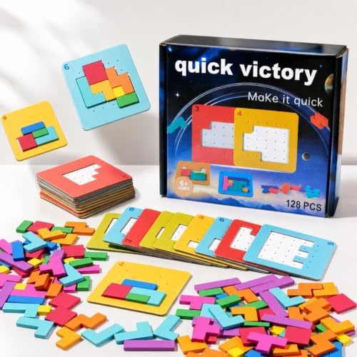 128Pcs Wooden Block Stacking Games Fast-Paced Building Block Game Play for Party Game Night, Classroom, 1 to 6 Players, Speed Matching Challenging Board Games for Kids Ages 6+