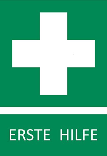5 Aufkleber Erste Hilfe Schild Zeichen (wetterfest), 10,5 x 14,8 cm, Verbandskasten, Grünes Kreuz Hinweisschild, Rettungszeichen